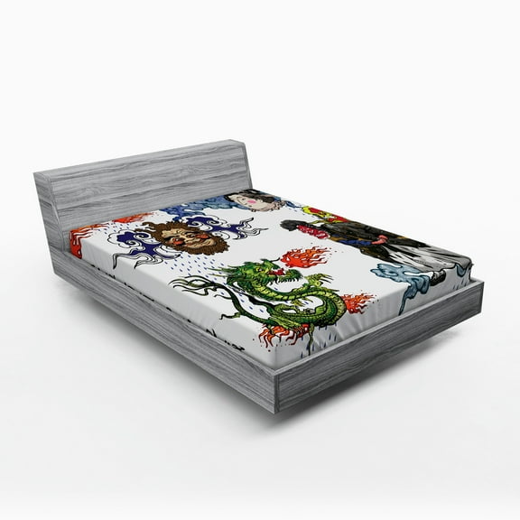 Ambesonne Japanese Fitted Sheet, Manga Style Dragon, Full Size, Green Blue