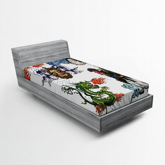 Ambesonne Japanese Fitted Sheet, Manga Style Dragon, Twin XL Size, Green Blue