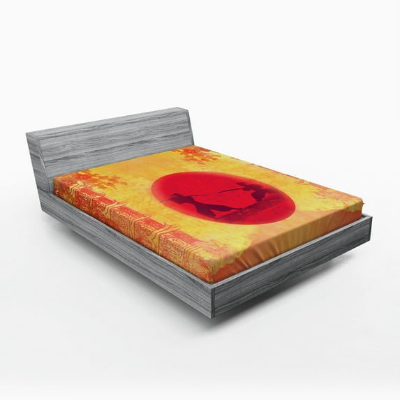 Ambesonne Japanese Fitted Sheet, Ninjas Vintage Sunset, Queen Size, Mustard and Purple
