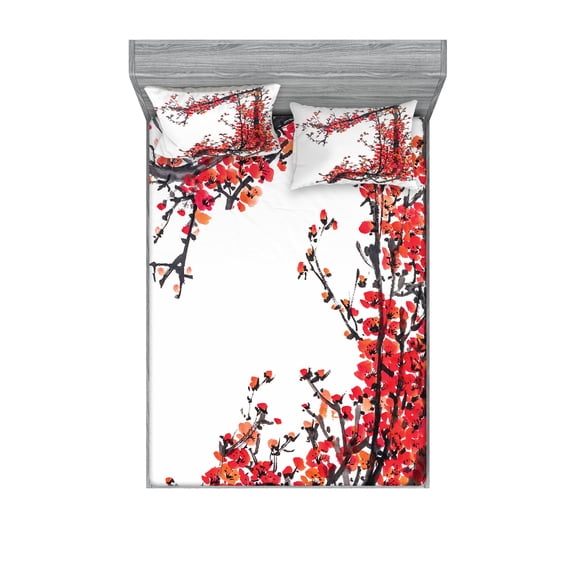 Ambesonne Japanese Fitted Sheet & Pillow Sham Set, Blossom Cherry Sakura, Full, Red and Brown