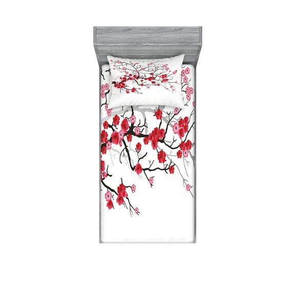 Ambesonne Japanese Fitted Sheet & Pillow Sham Set, Blossoms Sakura Plant, Twin, Dark Brown Dark Coral