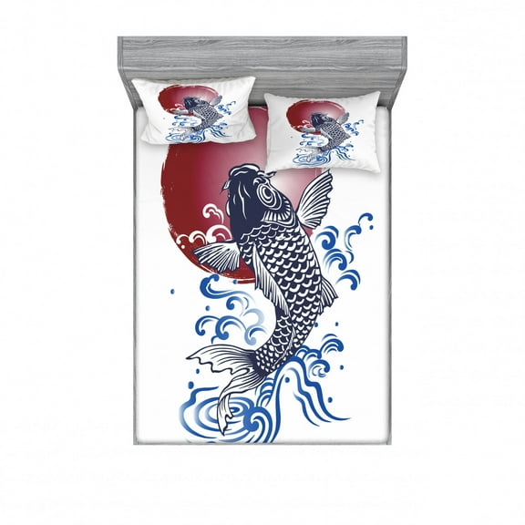 Ambesonne Japanese Fitted Sheet & Pillow Sham Set, Carp on Flag, Full, White