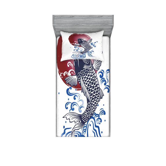 Ambesonne Japanese Fitted Sheet & Pillow Sham Set, Carp on Flag, Twin, White