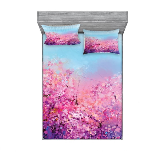 Ambesonne Japanese Fitted Sheet & Pillow Sham Set, Cherry Spring Theme, Queen, Purple Pale Blue