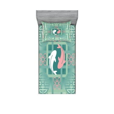 Ambesonne Japanese Fitted Sheet & Pillow Sham Set, Dolphin Couple, Twin, Green Pink