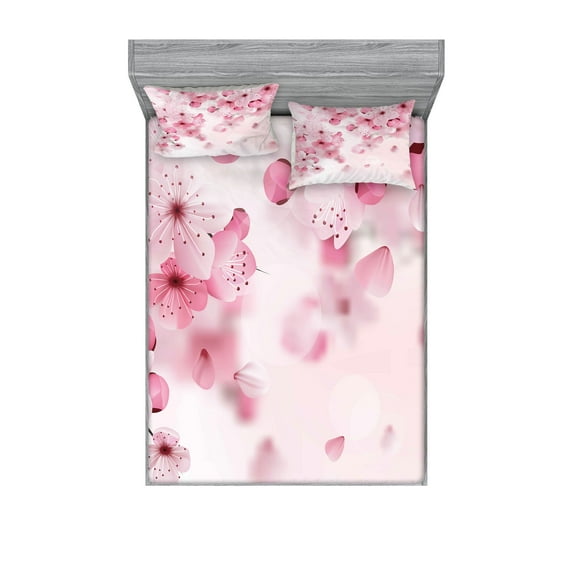 Ambesonne Japanese Fitted Sheet & Pillow Sham Set, Eastern Sakura Flowers, Full, Pale Pink Pale Pink