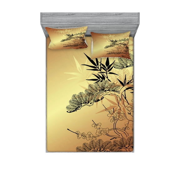 Ambesonne Japanese Fitted Sheet & Pillow Sham Set, Folk Sunset Ethnic Branch, Full, Sepia Black