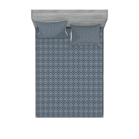 Ambesonne Japanese Fitted Sheet & Pillow Sham Set, Geometric Floral Motif, Full, Charcoal Grey Dark Blue