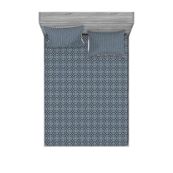 Ambesonne Japanese Fitted Sheet & Pillow Sham Set, Geometric Floral Motif, Full, Charcoal Grey Dark Blue