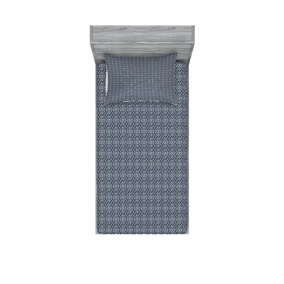 Ambesonne Japanese Fitted Sheet & Pillow Sham Set, Geometric Floral Motif, Twinxl, Charcoal Grey Dark Blue