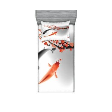 Ambesonne Japanese Fitted Sheet & Pillow Sham Set, Koi Carp Fish Couple, Twinxl, Orange Grey