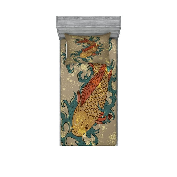 Ambesonne Japanese Fitted Sheet & Pillow Sham Set, Koi Fish Art, Twin, Multicolor
