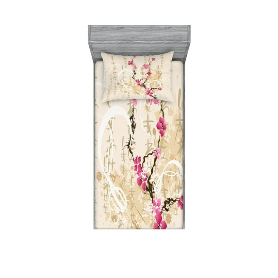 Ambesonne Japanese Fitted Sheet & Pillow Sham Set, Letters Sakura Flowers, Twinxl, Multicolor