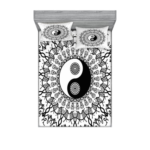 Ambesonne Japanese Fitted Sheet & Pillow Sham Set, Mandala Vintage Boho, Queen, Black White