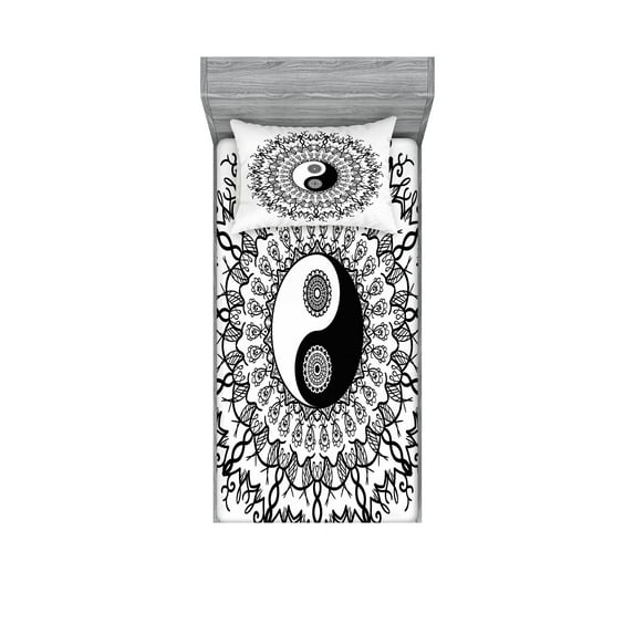 Ambesonne Japanese Fitted Sheet & Pillow Sham Set, Mandala Vintage Boho, Twin, Black White