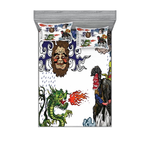 Ambesonne Japanese Fitted Sheet & Pillow Sham Set, Manga Style Dragon, Full, Green Blue