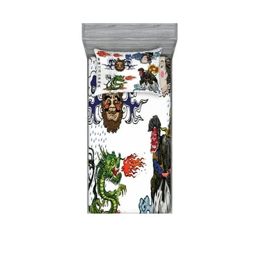 Ambesonne Japanese Fitted Sheet & Pillow Sham Set, Manga Style Dragon, Twin, Green Blue