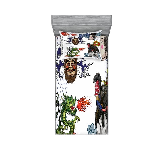 Ambesonne Japanese Fitted Sheet & Pillow Sham Set, Manga Style Dragon, Twinxl, Green Blue
