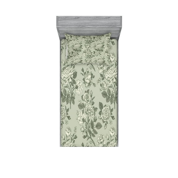 Ambesonne Japanese Fitted Sheet & Pillow Sham Set, Monochrome Asian Leaves, Twinxl, Sage Green