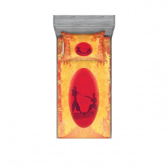 Ambesonne Japanese Fitted Sheet & Pillow Sham Set, Ninjas Vintage Sunset, Twin, Mustard and Purple