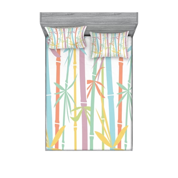 Ambesonne Japanese Fitted Sheet & Pillow Sham Set, Pastel Colorful Trees Art, Full, Multicolor