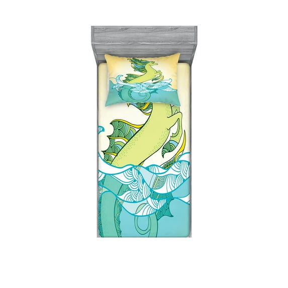 Ambesonne Japanese Fitted Sheet & Pillow Sham Set, Pastel Tone Water Creature, Twinxl, Green Blue