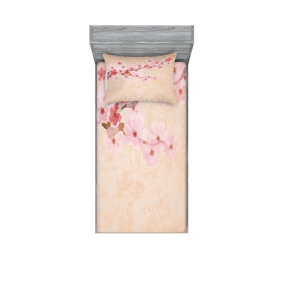 Ambesonne Japanese Fitted Sheet & Pillow Sham Set, Pink Cherry Blossoms, Twinxl, Soft Pink