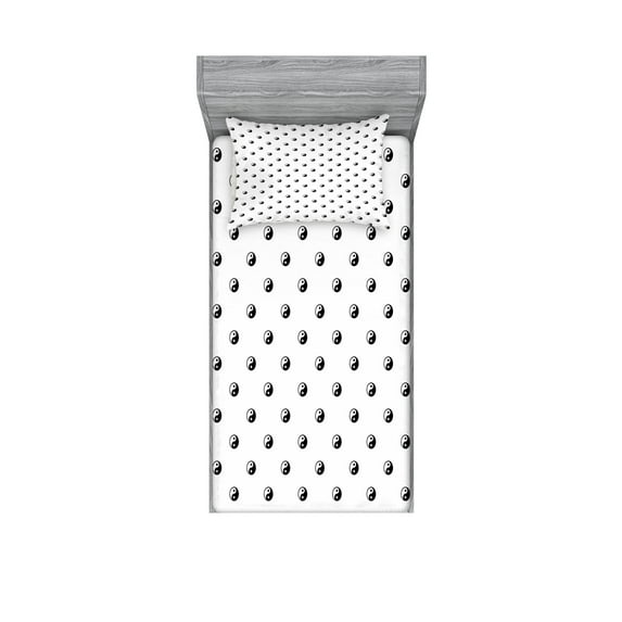 Ambesonne Japanese Fitted Sheet & Pillow Sham Set, Polka Dots Yin Yang, Twinxl, White Black