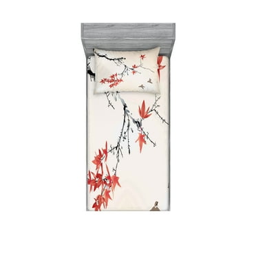 Ambesonne Japanese Fitted Sheet & Pillow Sham Set, Romantic Spring Theme, Twin, Black and Coral