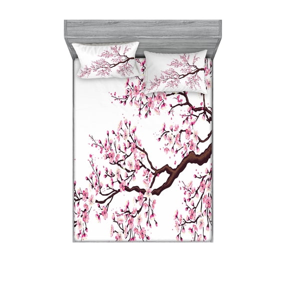 Ambesonne Japanese Fitted Sheet & Pillow Sham Set, Sakura Branch Blossoms, Full, Pink Dark Brown