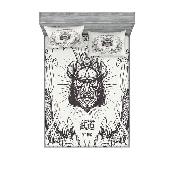 Ambesonne Japanese Fitted Sheet & Pillow Sham Set, Samurai Koi, Queen, Coconut Grey