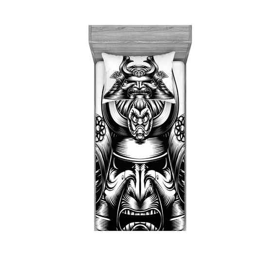 Ambesonne Japanese Fitted Sheet & Pillow Sham Set, Samurai Martial, Twin, Black White