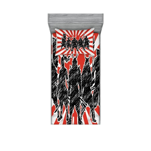 Ambesonne Japanese Fitted Sheet & Pillow Sham Set, Samurai Ninja Retro, Twinxl, Red Black
