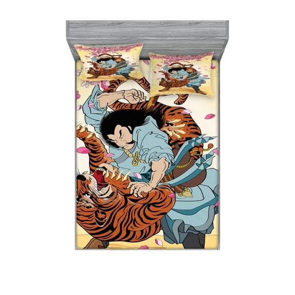 Ambesonne Japanese Fitted Sheet & Pillow Sham Set, Samurai and Tiger, Queen, Multicolor
