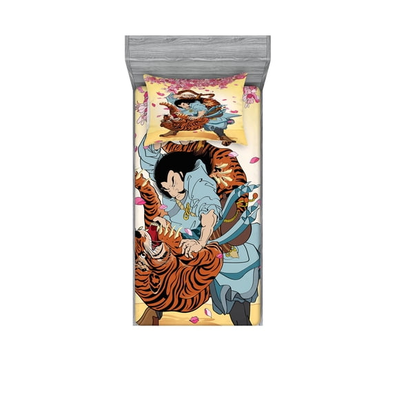 Ambesonne Japanese Fitted Sheet & Pillow Sham Set, Samurai and Tiger, Twinxl, Multicolor