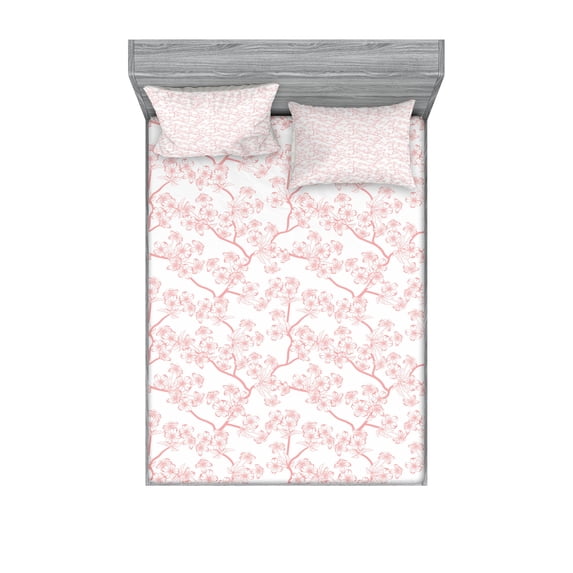 Ambesonne Japanese Fitted Sheet & Pillow Sham Set, Spring Cherry Flourish, Full, Coral White