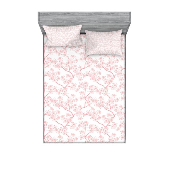 Ambesonne Japanese Fitted Sheet & Pillow Sham Set, Spring Cherry Flourish, Queen, Coral White