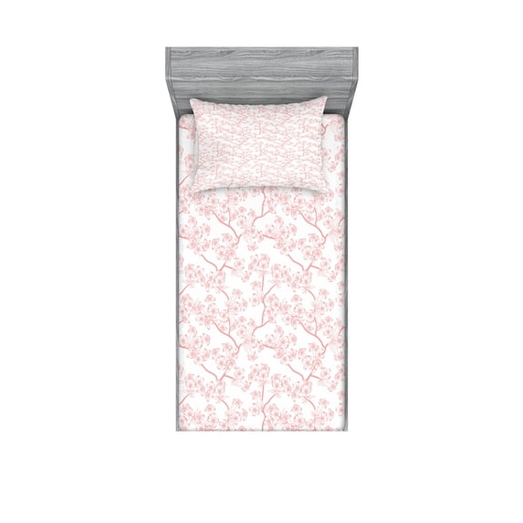 Ambesonne Japanese Fitted Sheet & Pillow Sham Set, Spring Cherry Flourish, Twinxl, Coral White