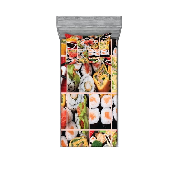 Ambesonne Japanese Fitted Sheet & Pillow Sham Set, Sushi Roll Colored, Twin, Multicolor
