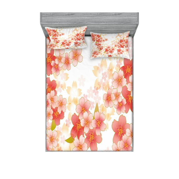 Ambesonne Japanese Fitted Sheet & Pillow Sham Set, Vibrant Sakura Flowers, King, Coral Dark Coral Yellow