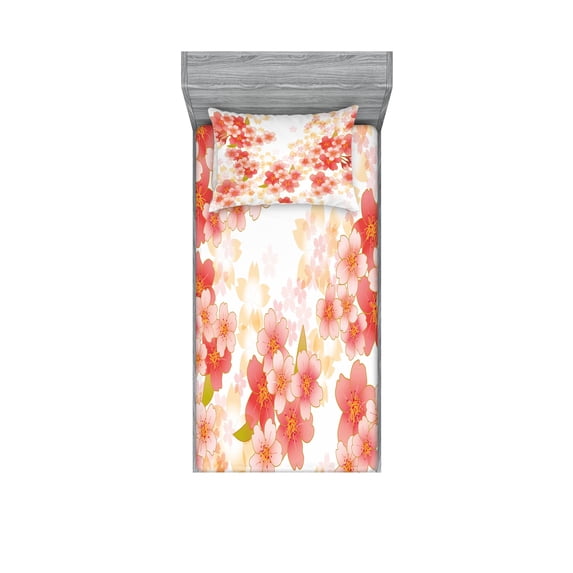 Ambesonne Japanese Fitted Sheet & Pillow Sham Set, Vibrant Sakura Flowers, Twinxl, Coral Dark Coral Yellow