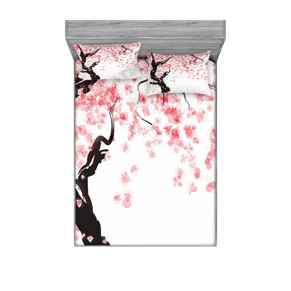 Ambesonne Japanese Fitted Sheet & Pillow Sham Set, Watercolor Effect Cherry, Queen, Black Pink