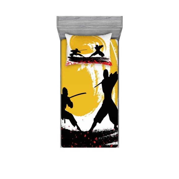 Ambesonne Japanese Fitted Sheet & Pillow Sham Set, Watercolor Style Ninja, Twinxl, Vermilion Mustard
