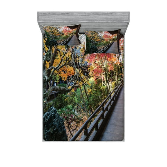 Ambesonne Japanese Fitted Sheet & Pillow Sham Set, Wooden Balcony View, Full, Green Brown