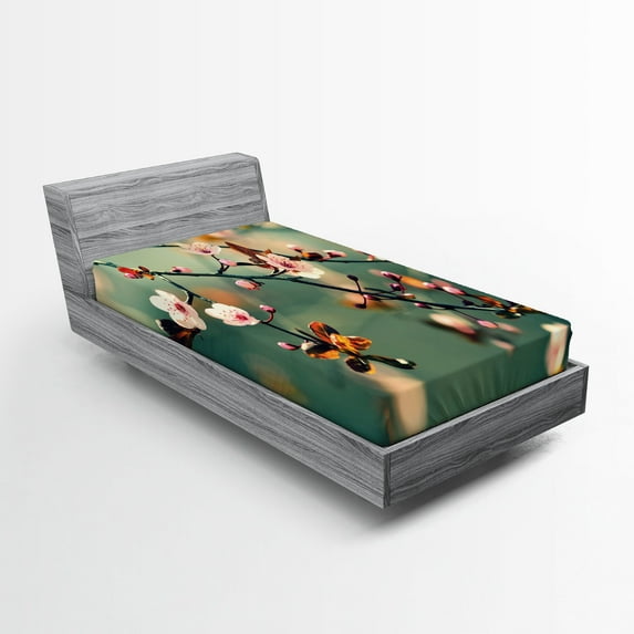 Ambesonne Japanese Fitted Sheet, Pink Cherry Sakuras, Twin XL Size, Forest Green Pale Pink