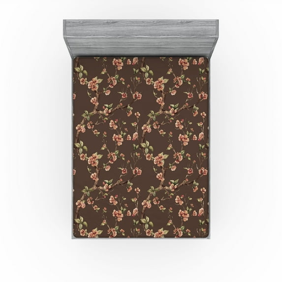 Ambesonne Japanese Fitted Sheet, Sakura Blossom Nature Art, California King, Pale Redwood and Taupe