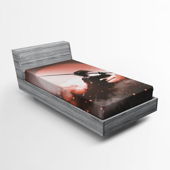 Ambesonne Japanese Fitted Sheet, Samurai Japan, Twin XL Size, Salmon Umber