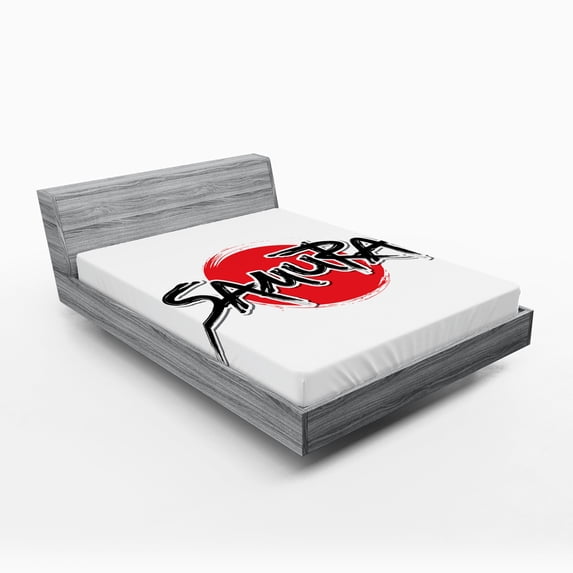 Ambesonne Japanese Fitted Sheet, Samurai Lettering Sun, Queen Size, Red Black