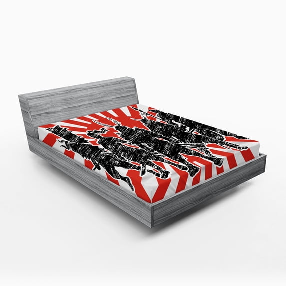 Ambesonne Japanese Fitted Sheet, Samurai Ninja Retro, Full Size, Red Black
