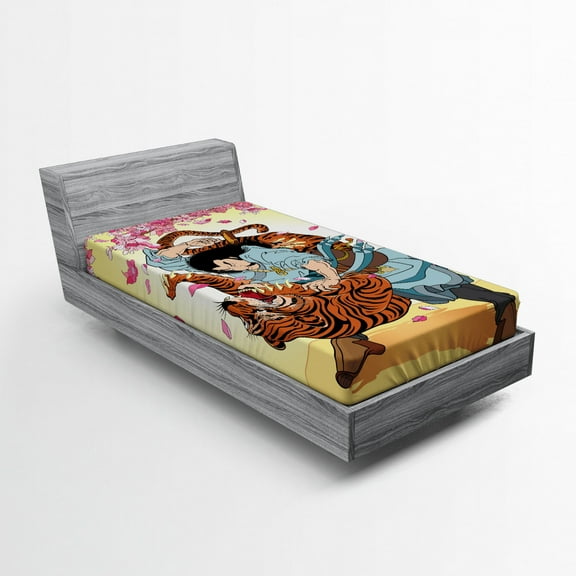 Ambesonne Japanese Fitted Sheet, Samurai and Tiger, Twin XL Size, Multicolor